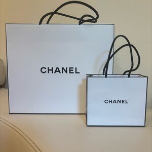 CHANEL White Paper Shopping Gift Bags with Cloth Handles Set of 2 Medium & Mini